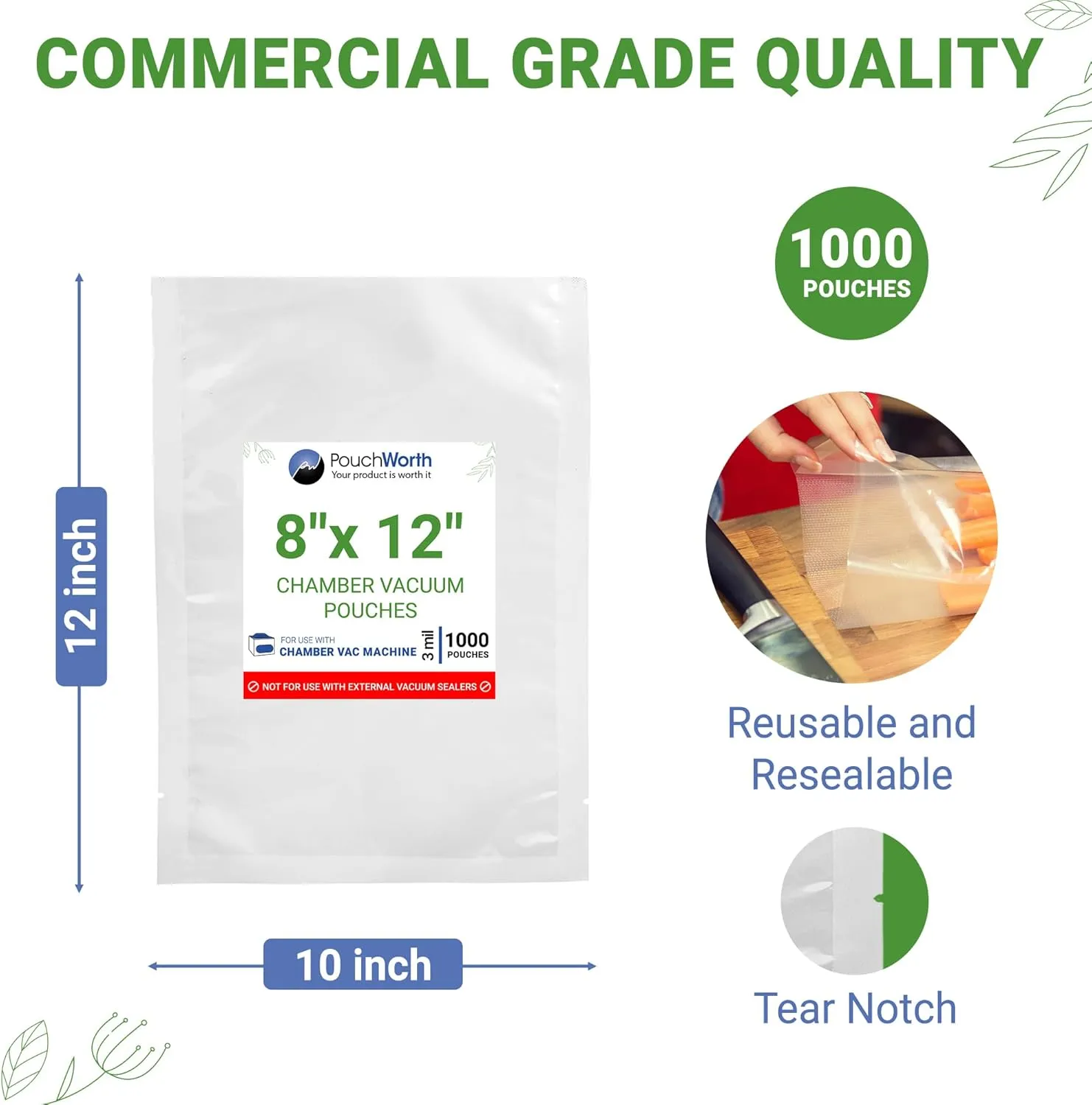 1,000 pcs Clear 8" x 12" Quart, 3 mil Chamber Machine Pouches, Pre-Cut Chamber Vacuum Sealer Bags, Heavy Duty Seal Pouch, BPA-Free Chamber Sealer Bags with Tear Notch