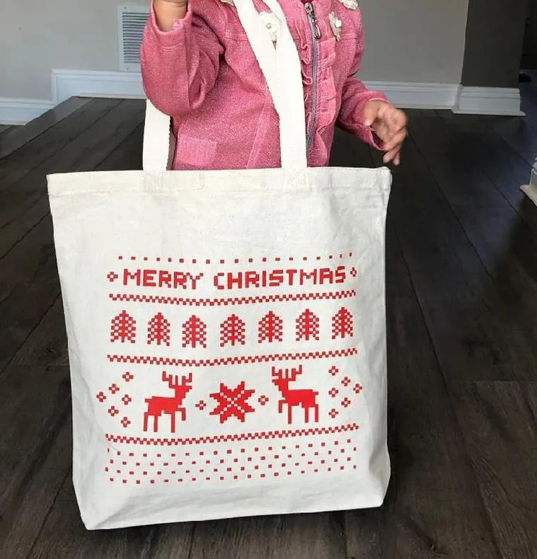12 ct Merry Christmas 15 in Medium Canvas Tote Bags w/Gusset - By Dozen