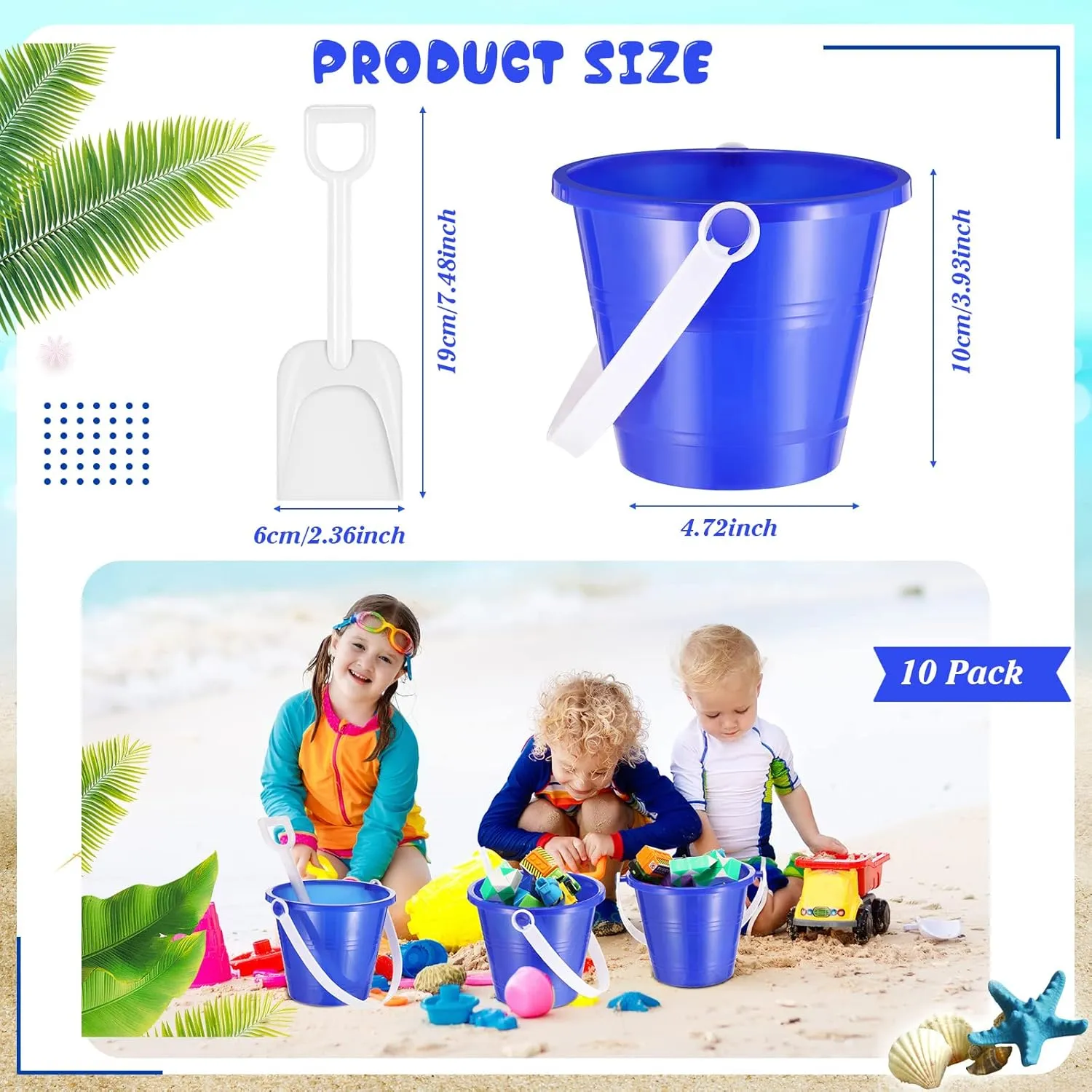 12 Pack 4 Inch Beach Buckets and Shovels for Kids Sand Pails Plastic Sand Buckets Bulk Small Toy Pails at The Beach, Use for Toddlers Little Guys(Blue)
