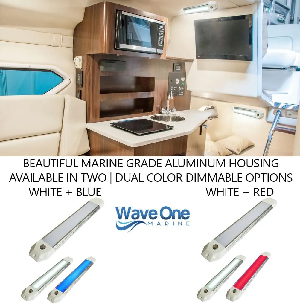12" Dual Color Dimmable Dome Boat Light | 12V Volt RV Aluminum Housing Touch Dimmer Switch | IP67 Waterproof Interior Exterior (White | Blue)