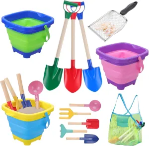 13 Pack Beach Bucket Shovels Toys for Kids,Collapsible Beach Sand Toys Beach Pails and Shovels Set for Toddlers Kids Sand Bucket and Mesh Shovels with Mesh Bag Travel Beach Toys Kit Age 3-10