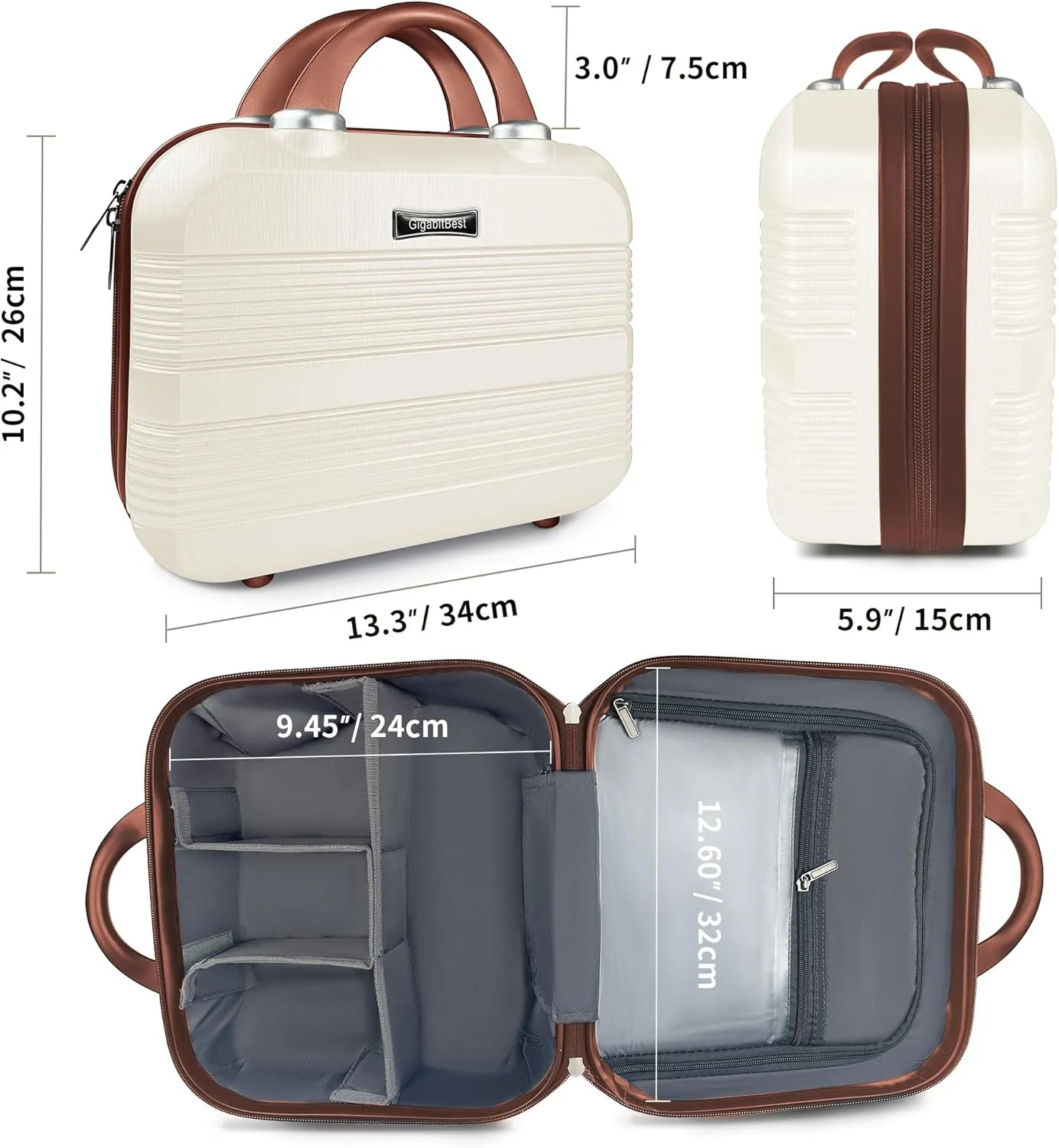 14" Portable Hard Shell Makeup Travel Case - Stylish PC ABS Cosmetic Organizer for Women - Scratch-Resistant, Elastic Strap, Mini Suitcase - Perfect for Romantic Gifts（Light Brown）