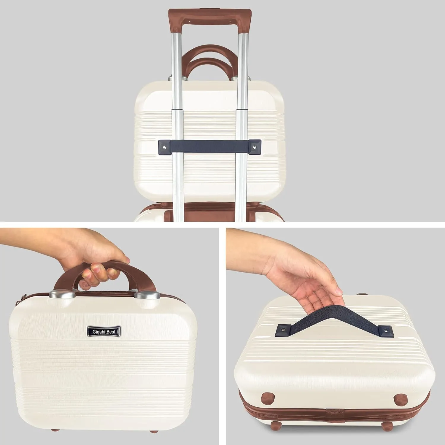 14" Portable Hard Shell Makeup Travel Case - Stylish PC ABS Cosmetic Organizer for Women - Scratch-Resistant, Elastic Strap, Mini Suitcase - Perfect for Romantic Gifts（Light Brown）
