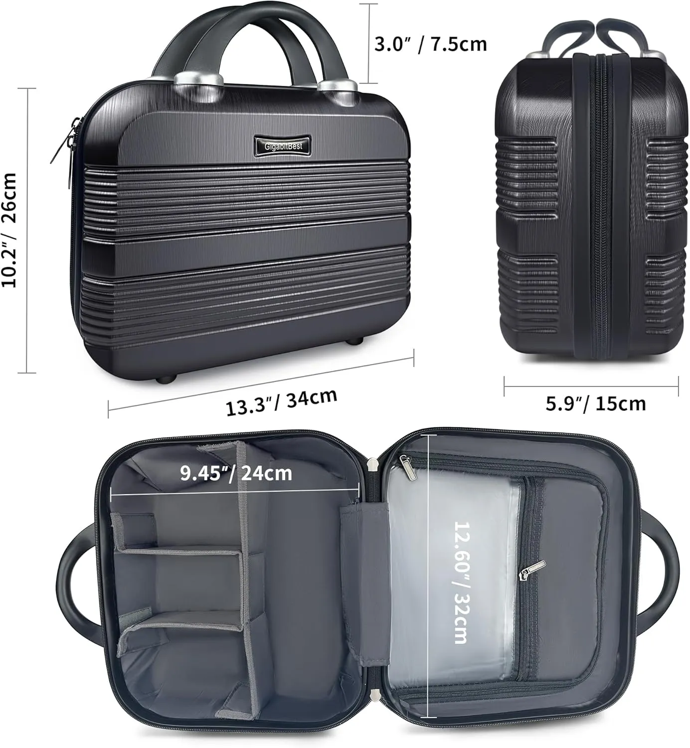 14" Portable Hard Shell Makeup Travel Case - Stylish PC ABS Cosmetic Organizer for Women - Scratch-Resistant, Elastic Strap, Mini Suitcase - Perfect for Romantic Gifts（Midnight Black）