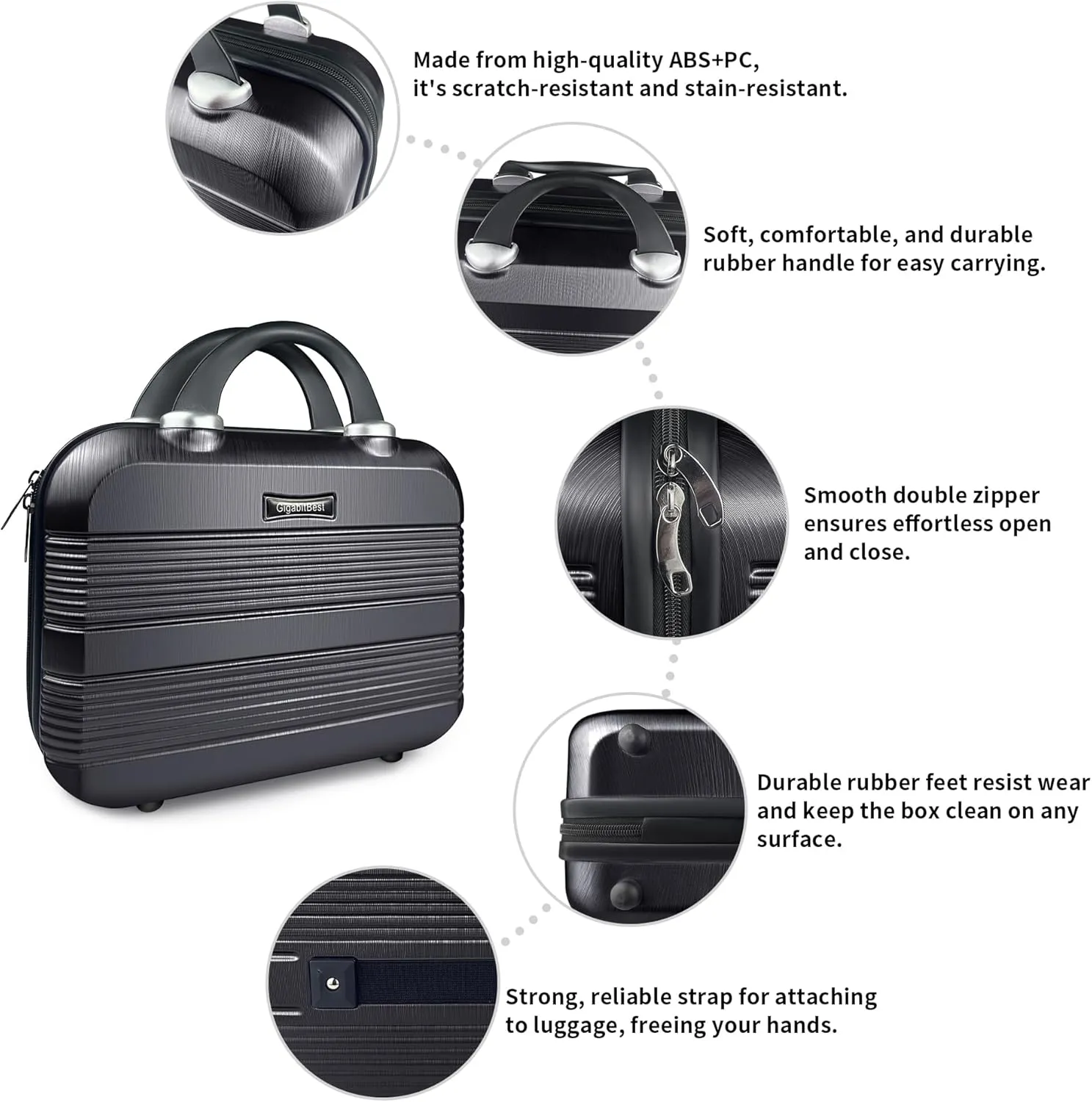 14" Portable Hard Shell Makeup Travel Case - Stylish PC ABS Cosmetic Organizer for Women - Scratch-Resistant, Elastic Strap, Mini Suitcase - Perfect for Romantic Gifts（Midnight Black）