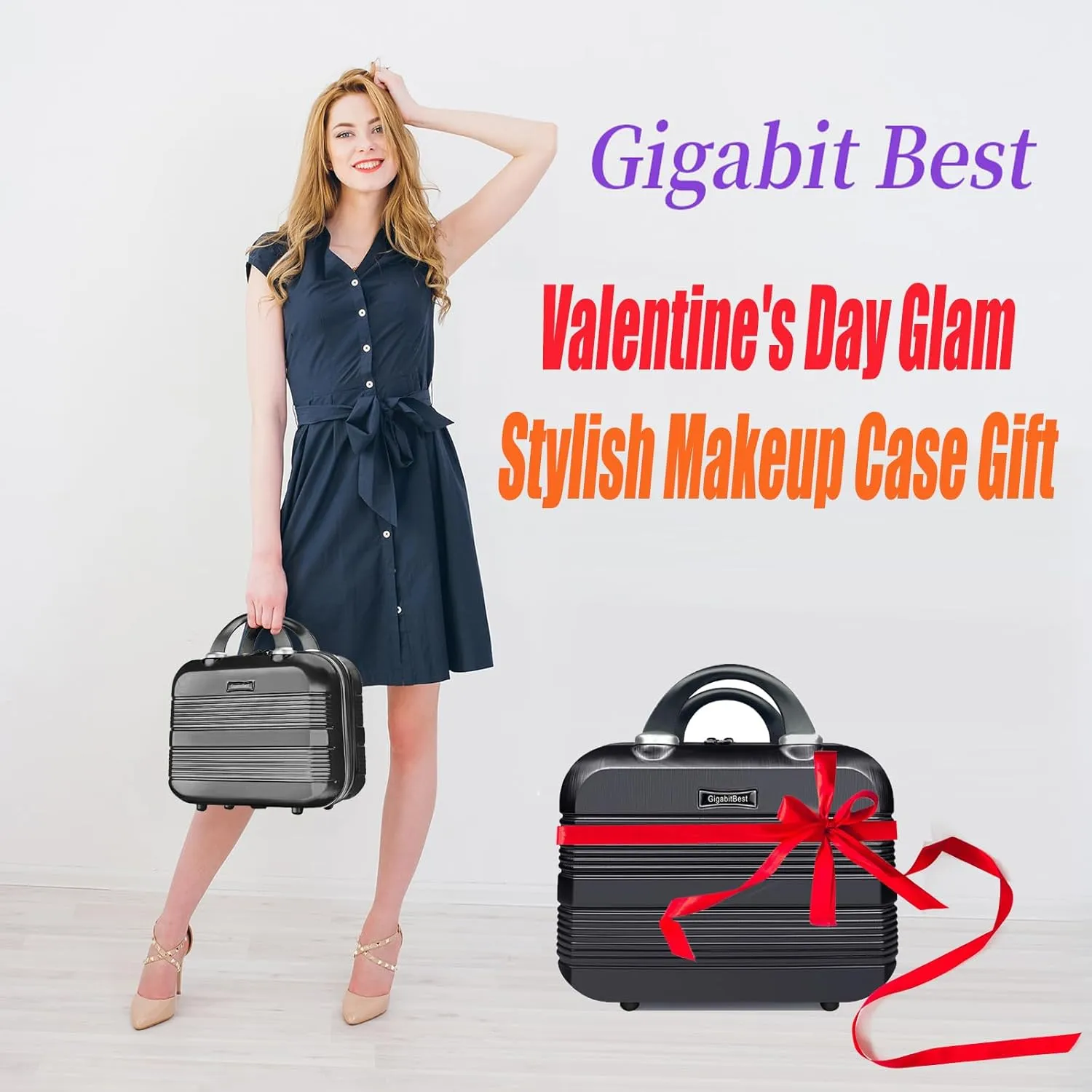 14" Portable Hard Shell Makeup Travel Case - Stylish PC ABS Cosmetic Organizer for Women - Scratch-Resistant, Elastic Strap, Mini Suitcase - Perfect for Romantic Gifts（Midnight Black）