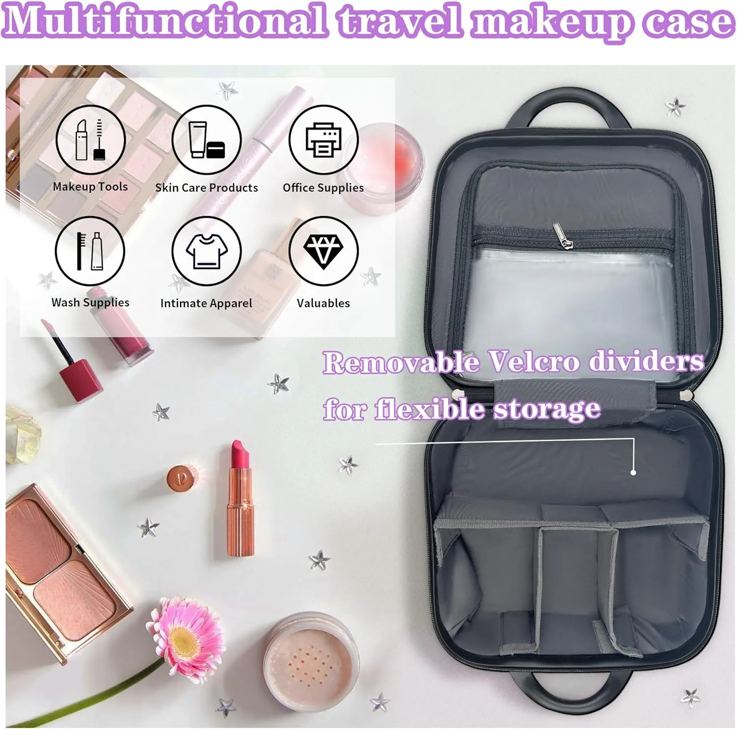14" Portable Hard Shell Makeup Travel Case - Stylish PC ABS Cosmetic Organizer for Women - Scratch-Resistant, Elastic Strap, Mini Suitcase - Perfect for Romantic Gifts（Midnight Black）