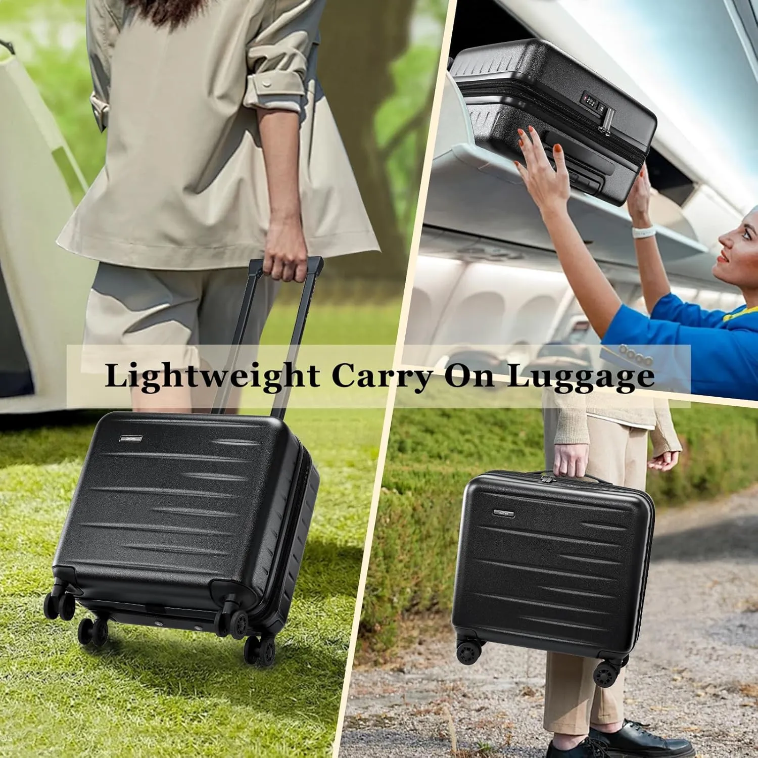 16 Inch Carry On Luggage Airline Approved, Expandable Lightweight ABS PC Hard Shell Suitcases with 360° Spinner Wheels, TSA Lock, YKK Zippers (Black)