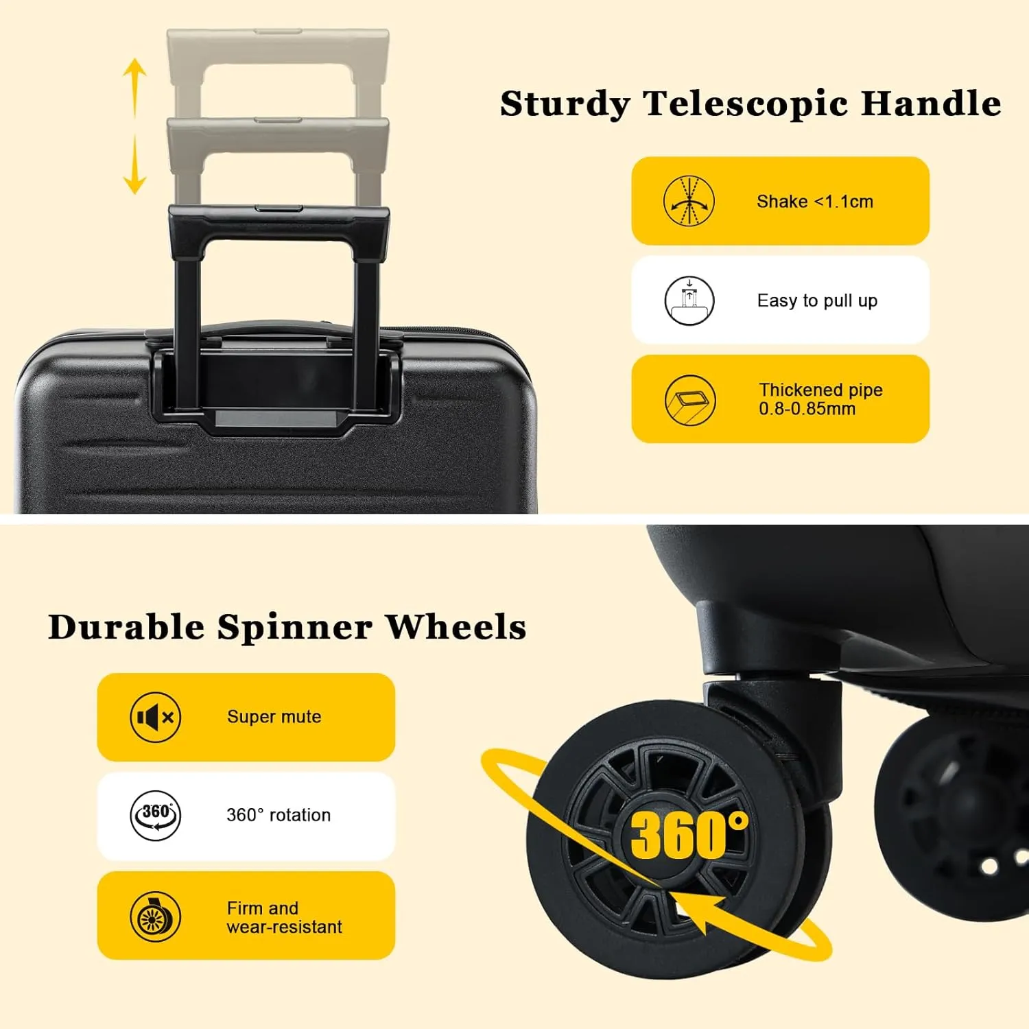 16 Inch Carry On Luggage Airline Approved, Expandable Lightweight ABS PC Hard Shell Suitcases with 360° Spinner Wheels, TSA Lock, YKK Zippers (Black)
