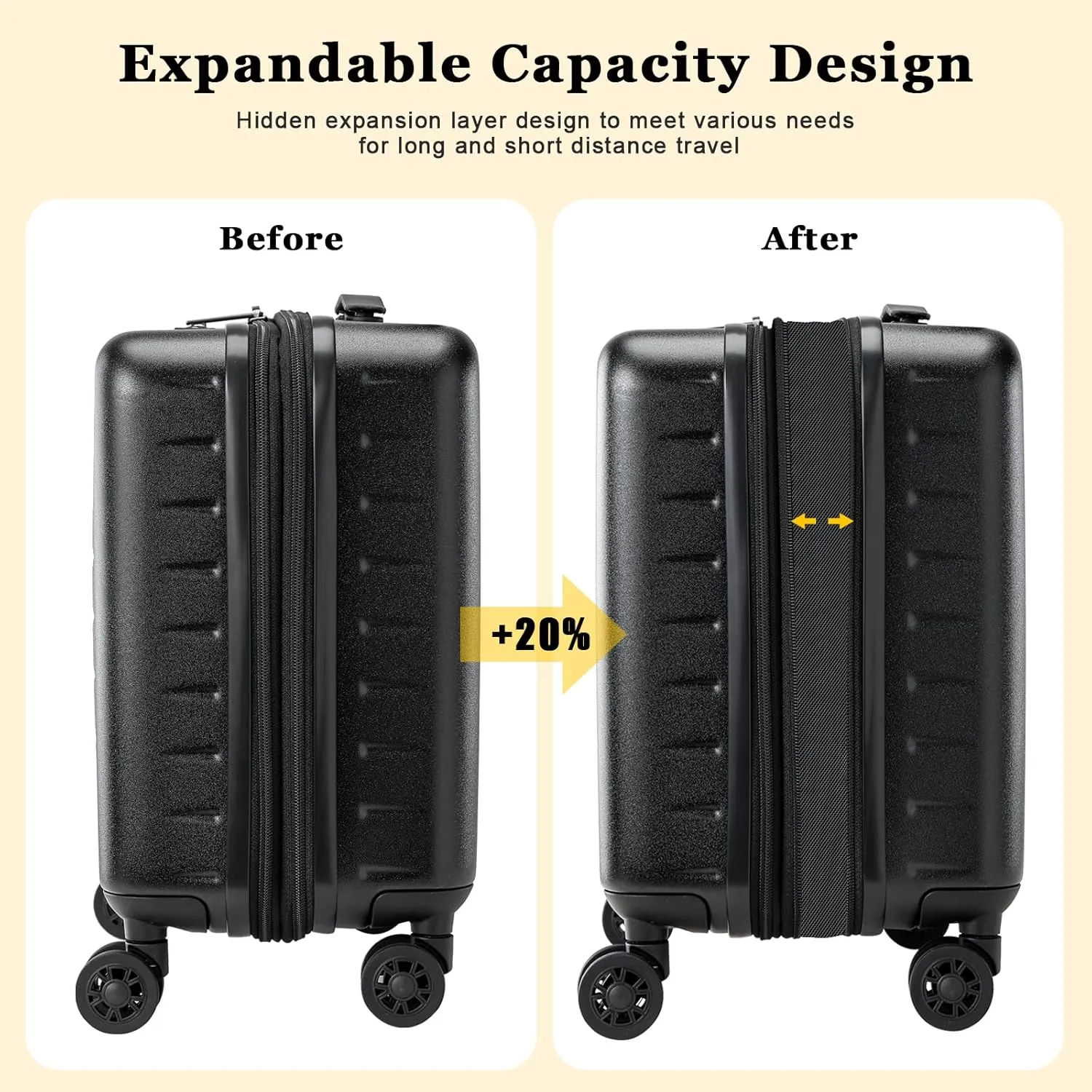 16 Inch Carry On Luggage Airline Approved, Expandable Lightweight ABS PC Hard Shell Suitcases with 360° Spinner Wheels, TSA Lock, YKK Zippers (Black)