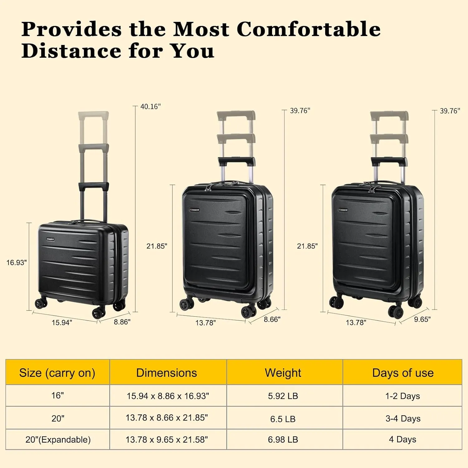 16 Inch Carry On Luggage Airline Approved, Expandable Lightweight ABS PC Hard Shell Suitcases with 360° Spinner Wheels, TSA Lock, YKK Zippers (Black)