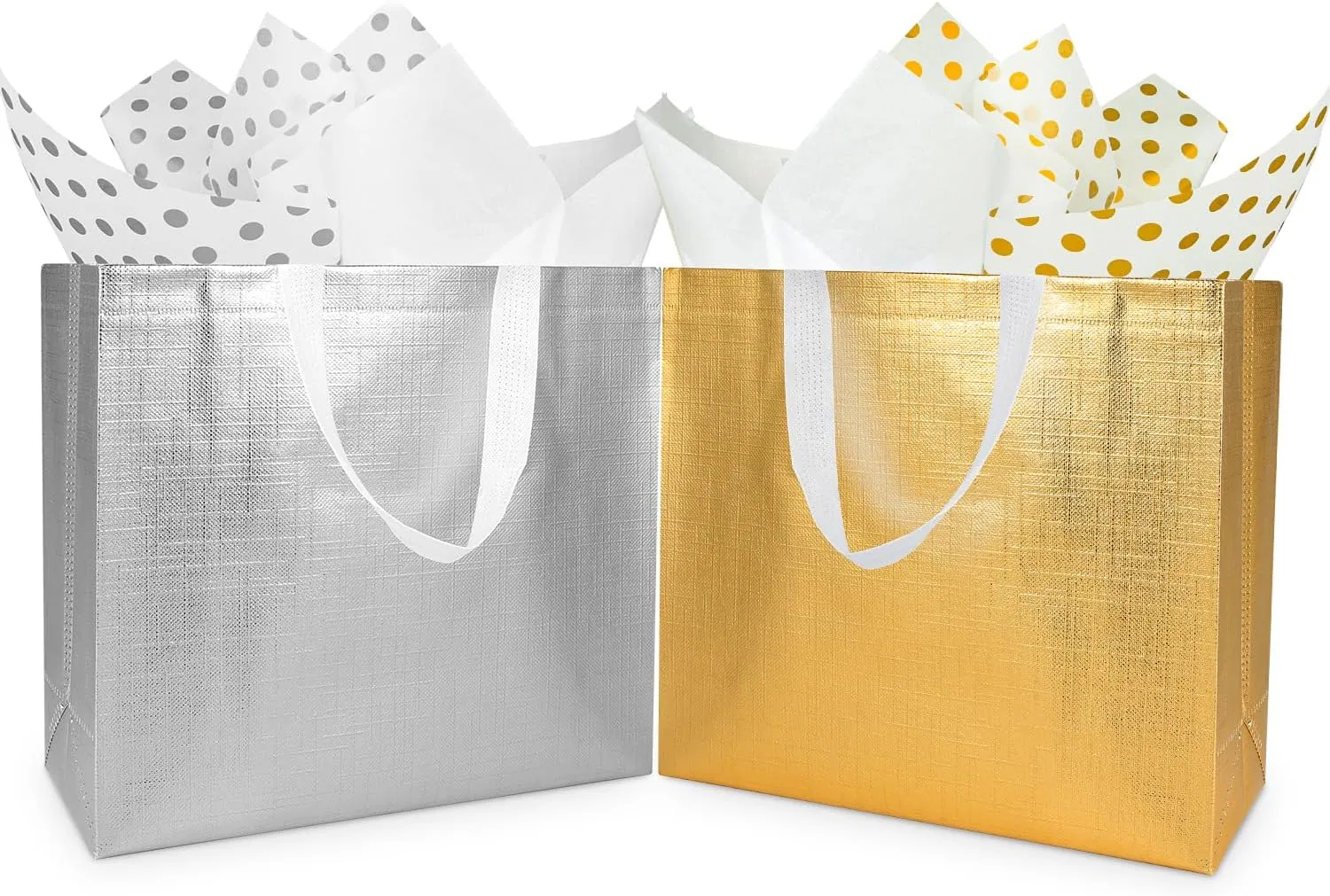 18 Pcs Large Gold & Silver Gift Bags Bulk with Tissues Paper - Shiny Reusable Metallic Glossy Non-Woven Bags - Perfect for Presents, Wedding, Bridesmaid, Birthday - 12.7 x 4.7 x 11 inches