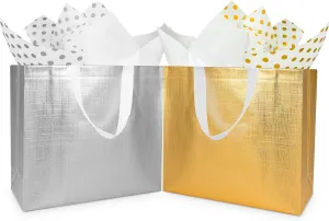 18 Pcs Large Gold & Silver Gift Bags Bulk with Tissues Paper - Shiny Reusable Metallic Glossy Non-Woven Bags - Perfect for Presents, Wedding, Bridesmaid, Birthday - 12.7 x 4.7 x 11 inches