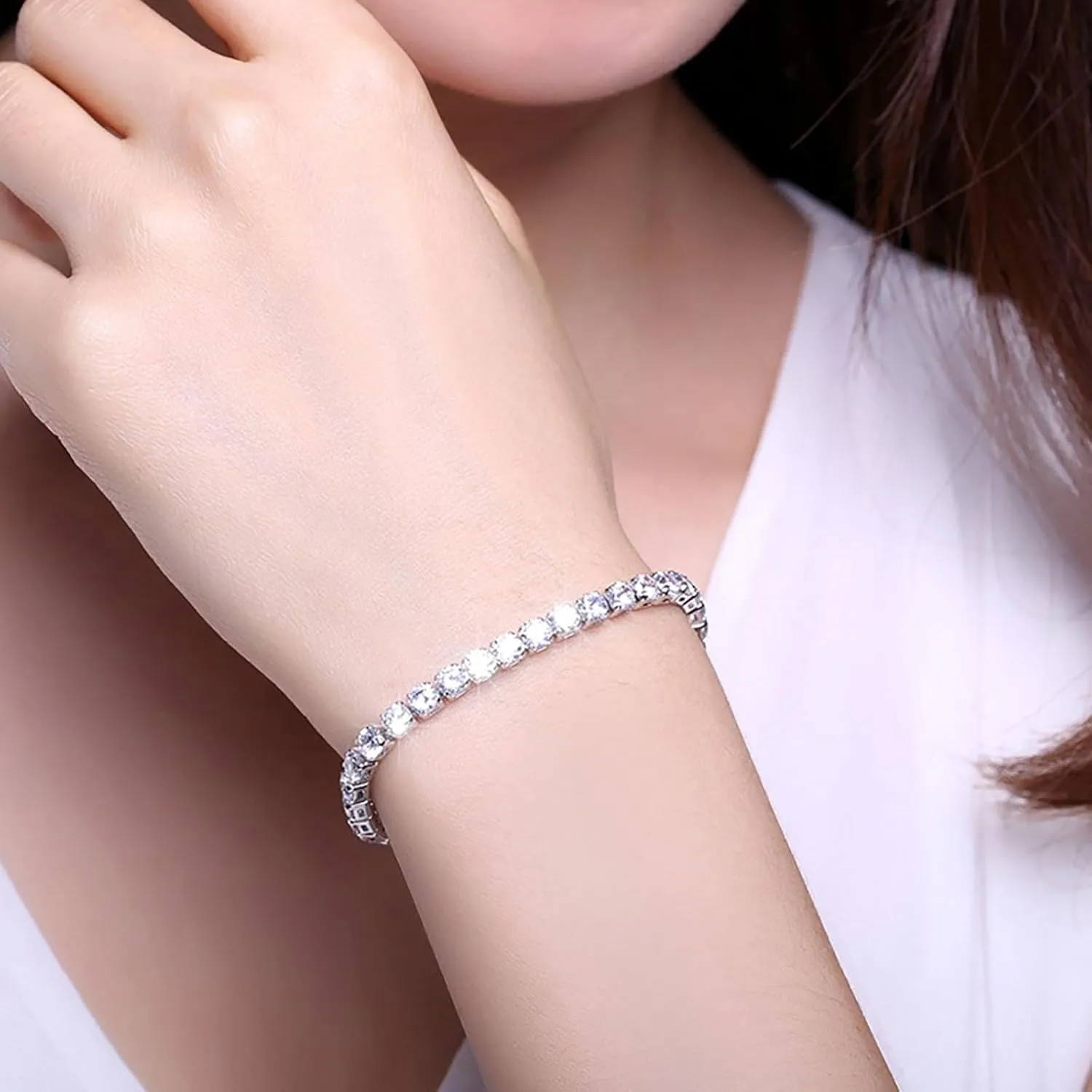 18K Gold/Silver Plated 4mm High Carbon Diamond Classic Tennis Bracelet,Stainless Steel Silver Chain for women,with 19cm Detachable Buckle,Gold Bracelets jewelry for women