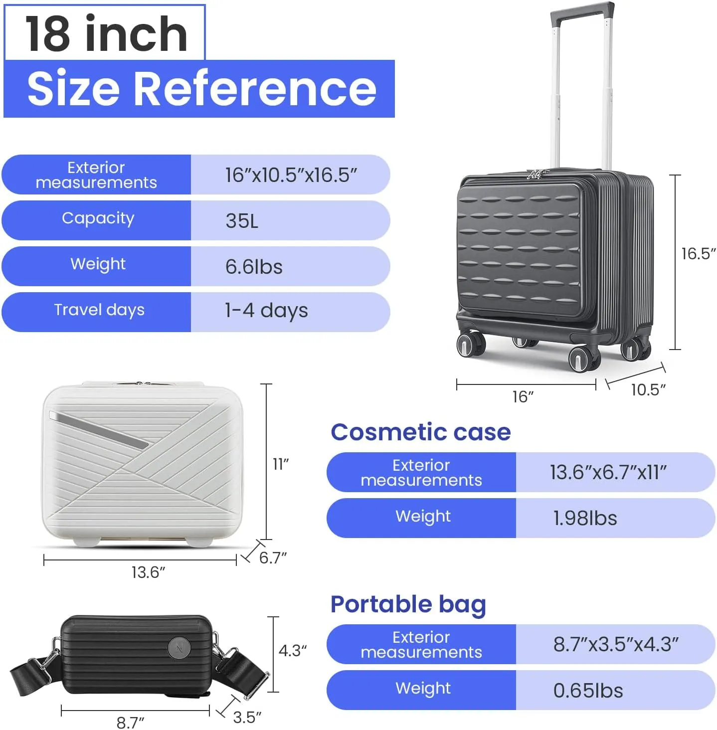 18" Carry On Luggage with Front Open Door &Laptop Interlayer, Hard Shell Suitcase Built-In TSA Luggage Lock, Hardside Lightweight PC Travel Suitcase for Women Men with Spinner Wheels Gray