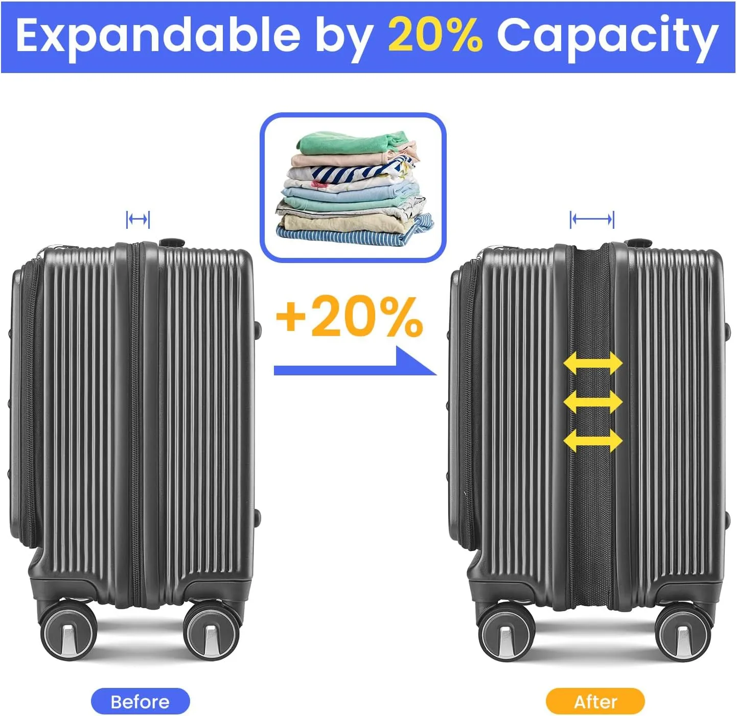 18" Carry On Luggage with Front Open Door &Laptop Interlayer, Hard Shell Suitcase Built-In TSA Luggage Lock, Hardside Lightweight PC Travel Suitcase for Women Men with Spinner Wheels Gray
