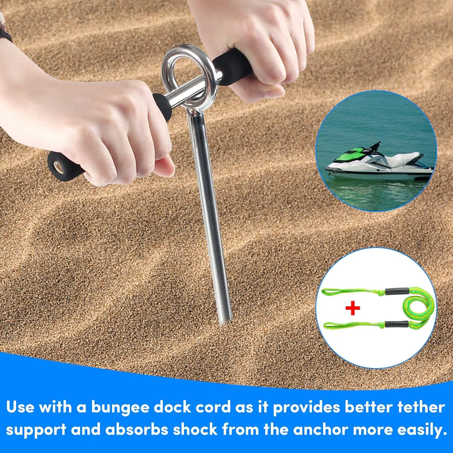 18"/24"/36" Sand Anchor,Chromium-Plated Steel Stainless Steel Boat Screw Anchor with Removable Handle,Boat Sand Anchor with Bungee Dock Line，Shallow Water Anchor for Jet Ski,PWC,Pontoon,Kayak,Canoe