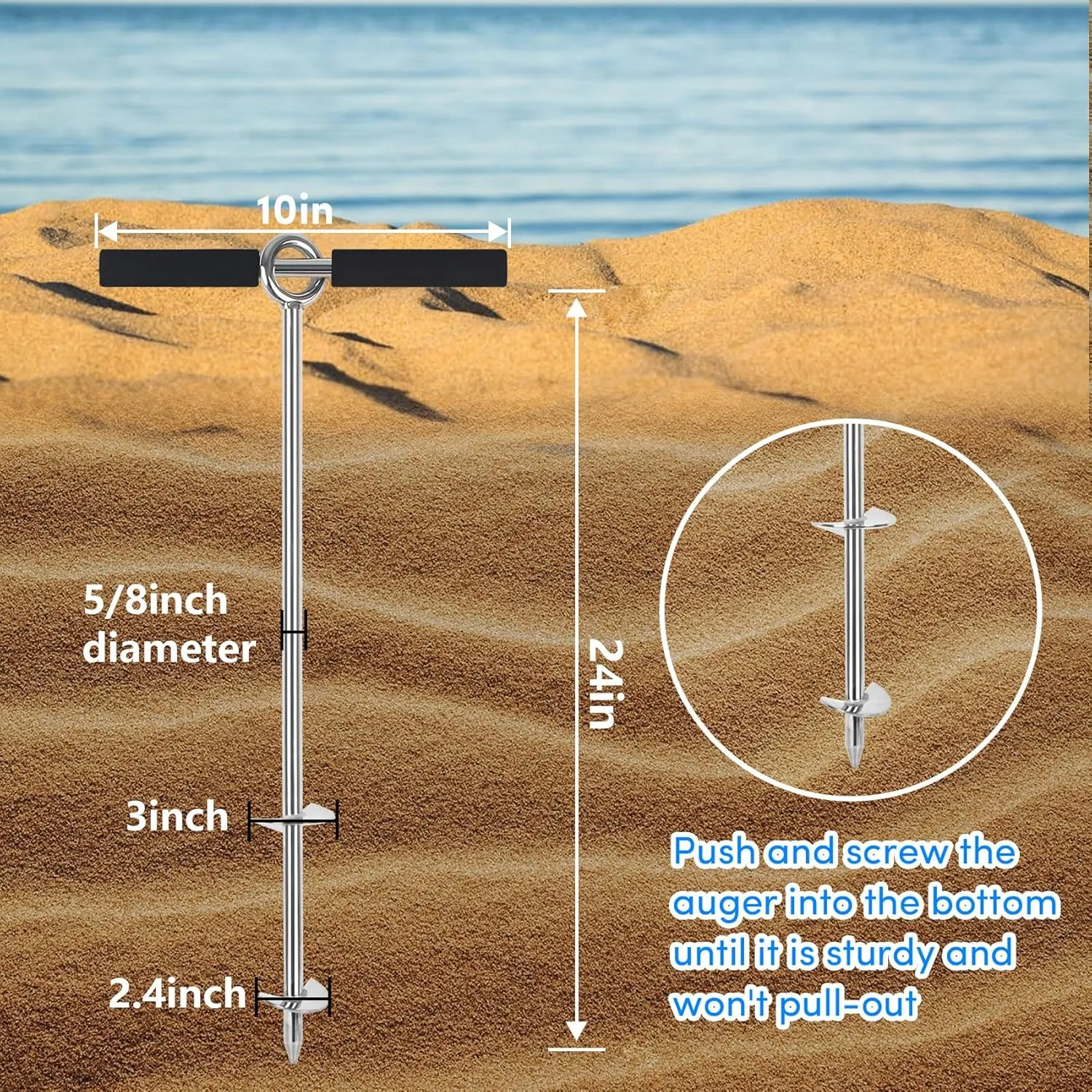 18"/24"/36" Sand Anchor,Chromium-Plated Steel Stainless Steel Boat Screw Anchor with Removable Handle,Boat Sand Anchor with Bungee Dock Line，Shallow Water Anchor for Jet Ski,PWC,Pontoon,Kayak,Canoe