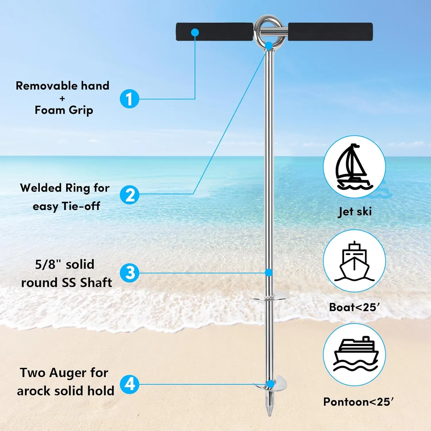 18"/24"/36" Sand Anchor,Chromium-Plated Steel Stainless Steel Boat Screw Anchor with Removable Handle,Boat Sand Anchor with Bungee Dock Line，Shallow Water Anchor for Jet Ski,PWC,Pontoon,Kayak,Canoe