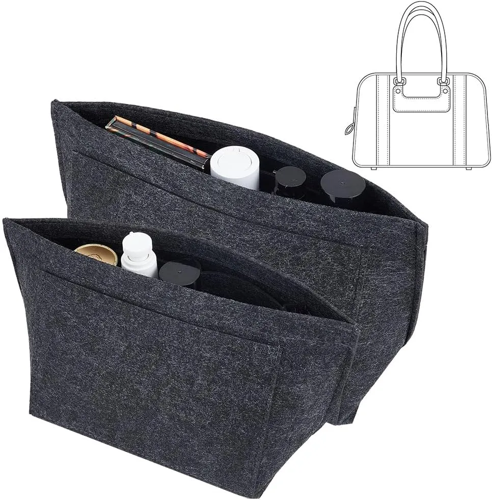 2 Pcs 2 Sizes Purse Organizer Insert, Makeup Storage Bag Small Items Storing Purse Middle Size Hexagon Felt Bag Compatible for Most Handbag Tote Bag Inner Pocket Insert, Black