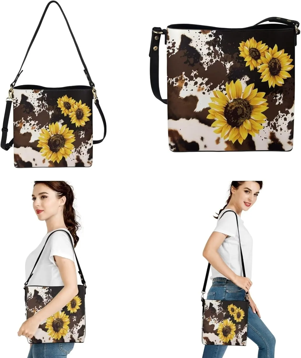 2 Piece Womens Messenger Bag Crossbody Bucket Tote Bag Matching Leather Car Key Holder Case