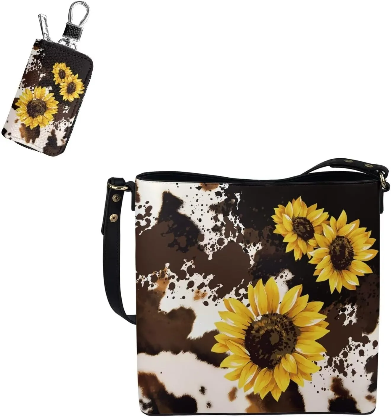 2 Piece Womens Messenger Bag Crossbody Bucket Tote Bag Matching Leather Car Key Holder Case