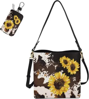 2 Piece Womens Messenger Bag Crossbody Bucket Tote Bag Matching Leather Car Key Holder Case
