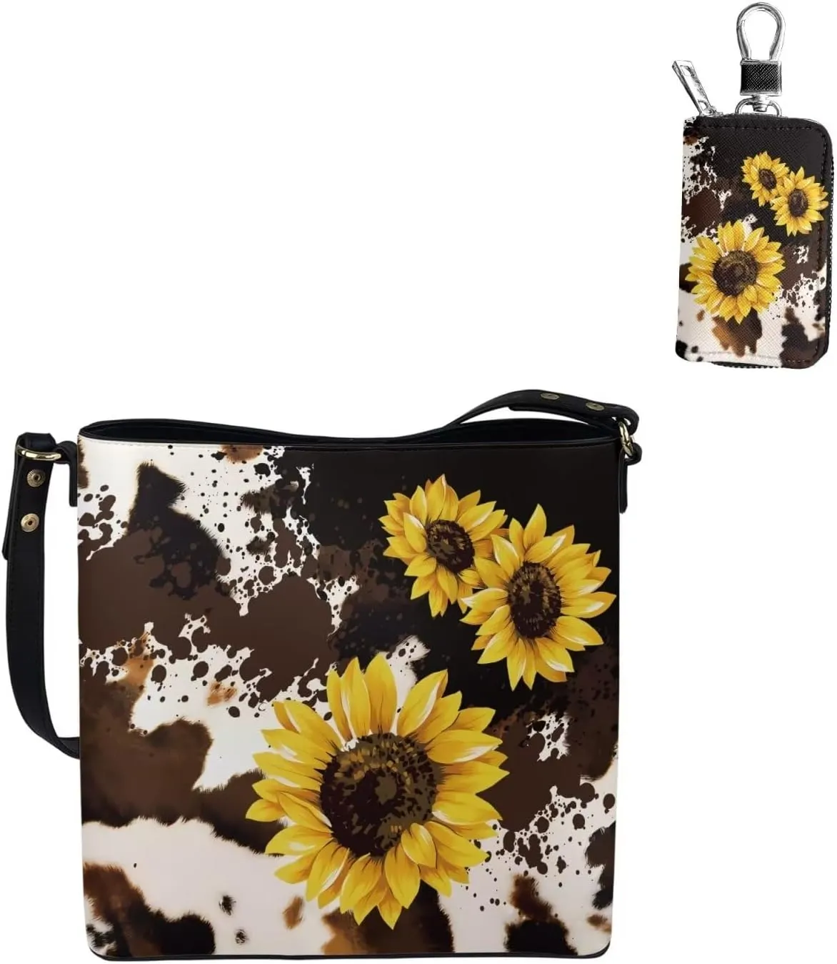 2 Piece Womens Messenger Bag Crossbody Bucket Tote Bag Matching Leather Car Key Holder Case
