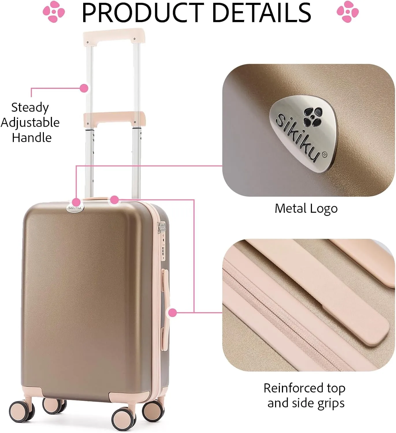 20 Inch Carry On Luggage for Women, Lightweight Hardside Suitcase with 360° Spinner Wheels, TSA Lock, Durable Luggage for Travel, Titanium Gold