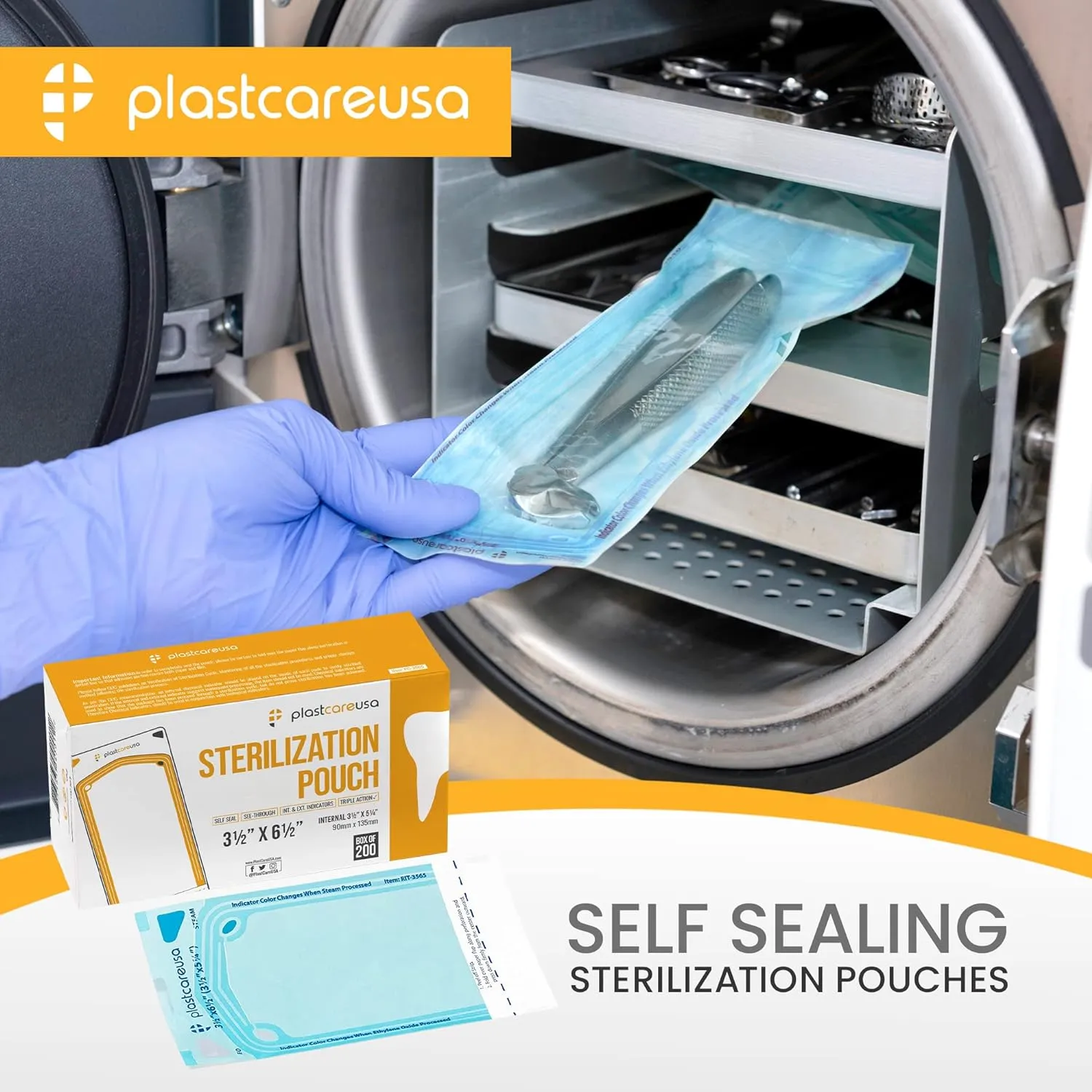 200 3.5 X 5.25 Self Sterilization Pouches for Dental Offices, Autoclave Sterilizer Bags Pouch for Dentist Tools, for Cleaning Tools, 200 Pouches Per Box, 1 Box of Paper Blue Film