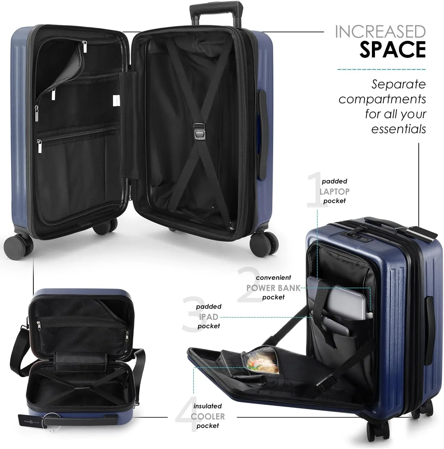 22 Inch Carry On Luggage, Carry On Suitcase with Wheels, Hardside Luggage Carry-On, Expandable Navy Small Suitcase, Hard Shell Carry-on Luggage, Spinner Luggage with Cosmetic Bag