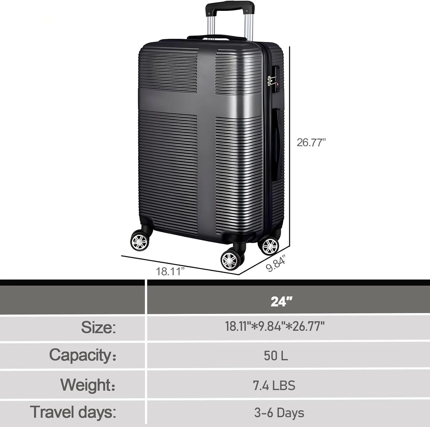 24 Inch Luggage with Spinner Wheels,Lightweight Hardside Medium Checked Suitcase for Travel, Hardshell Carry On Suit Case 24",Black