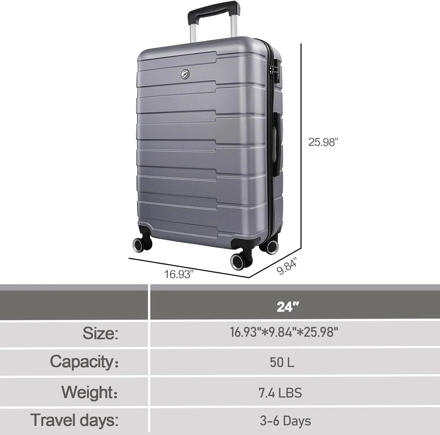 24" Hard Shell Luggage with Spinner Wheels,Lightweight Travel Suitcase for Women,Checked-Medium Luggage 24-Inch,Silver&Grey
