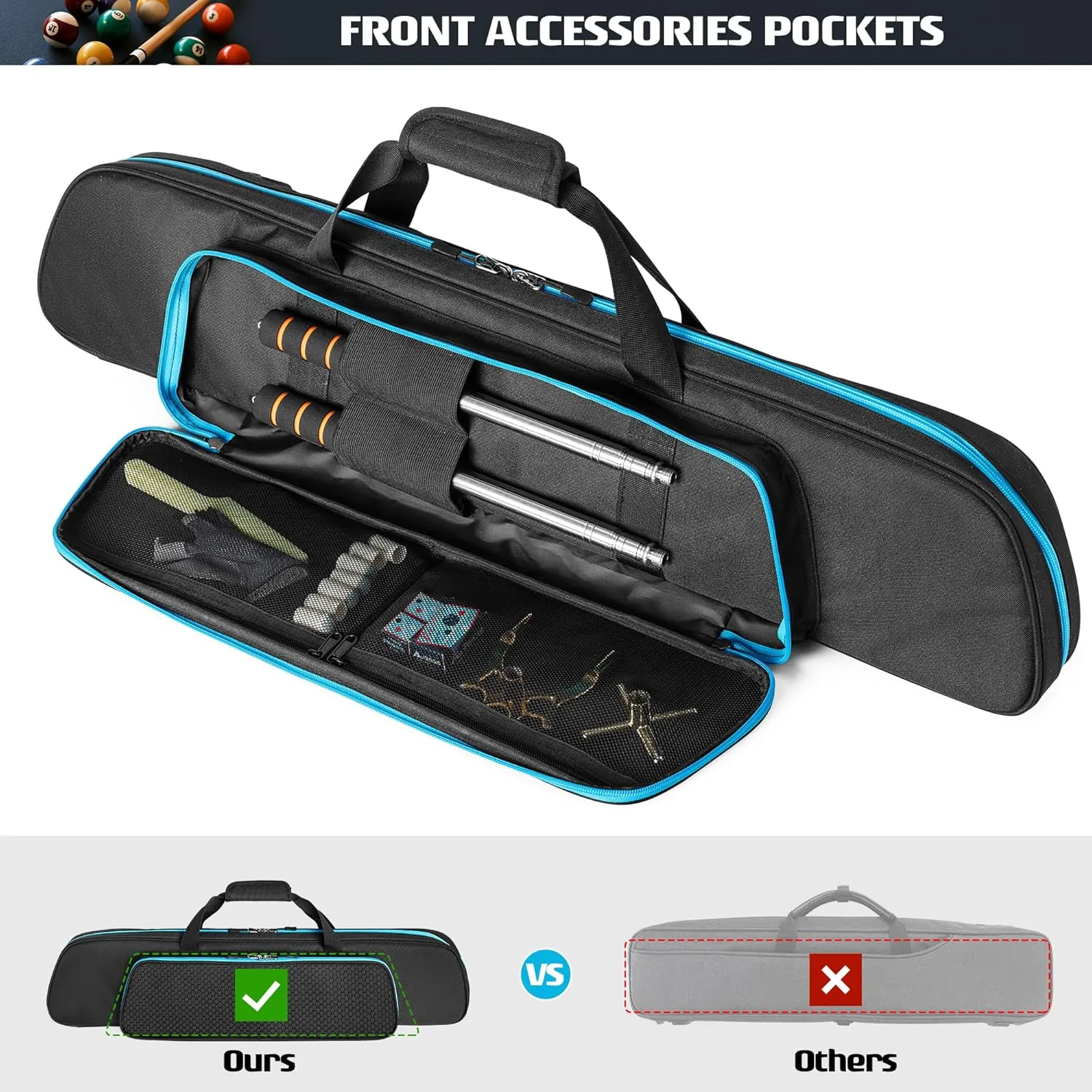 2x2 Pool Cue Case Holds 2 Butts and 2 Shafts, Soft Pool Stick Holder Case with Front Accessories Pocket, Billiard Cue Carrying Cases with Shoulder Strap for Easy Carry