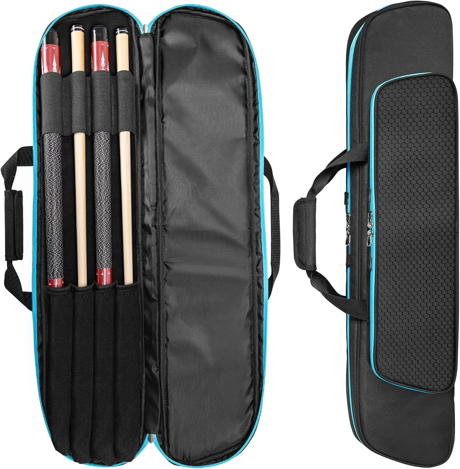 2x2 Pool Cue Case Holds 2 Butts and 2 Shafts, Soft Pool Stick Holder Case with Front Accessories Pocket, Billiard Cue Carrying Cases with Shoulder Strap for Easy Carry