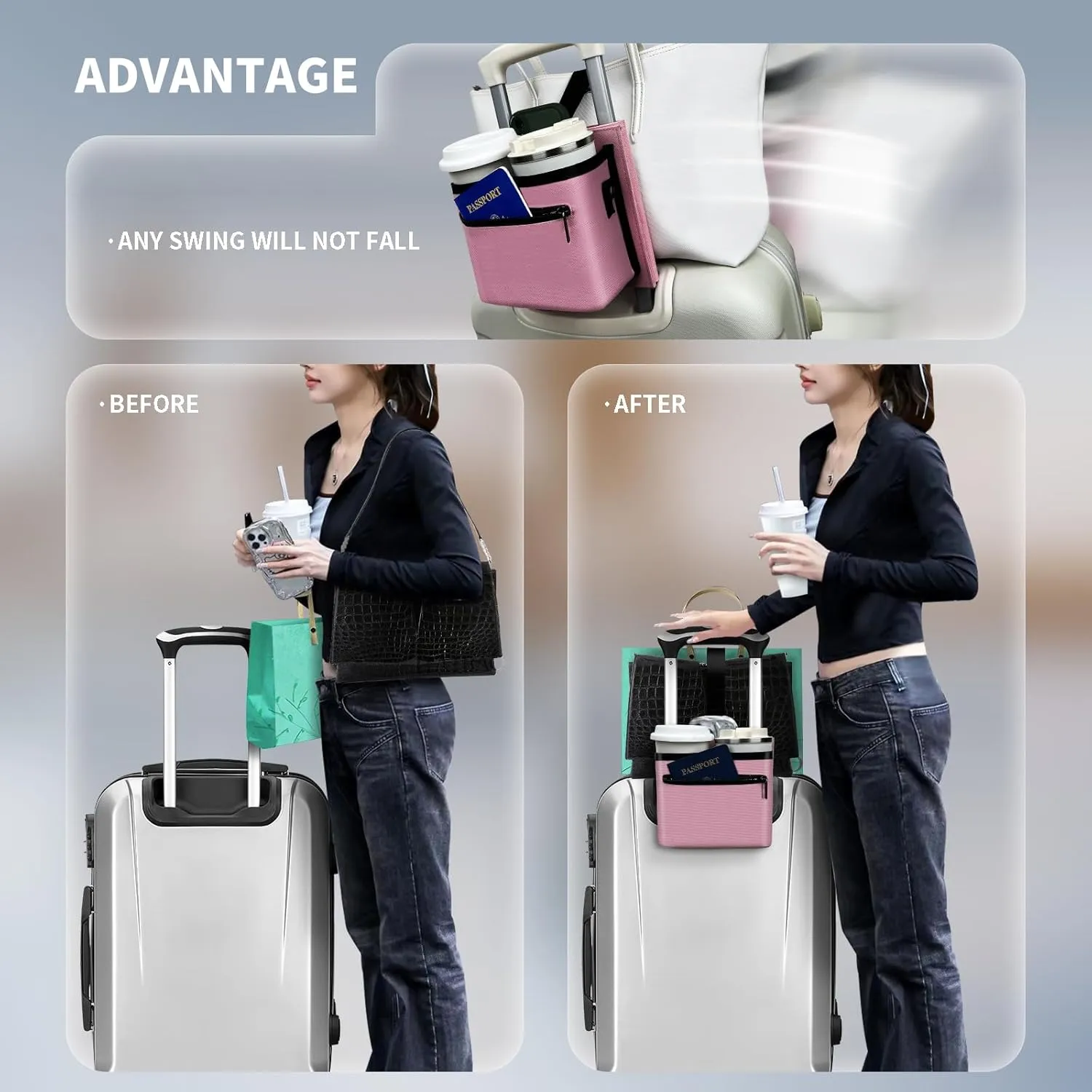 3 in 1 Travel Luggage Cup Holder, Luggage Straps, Shoulder Bag for Suitcases add a Bag，Convenient Travel Carry-on Accessories for Hands-Free Convenience (Pink)