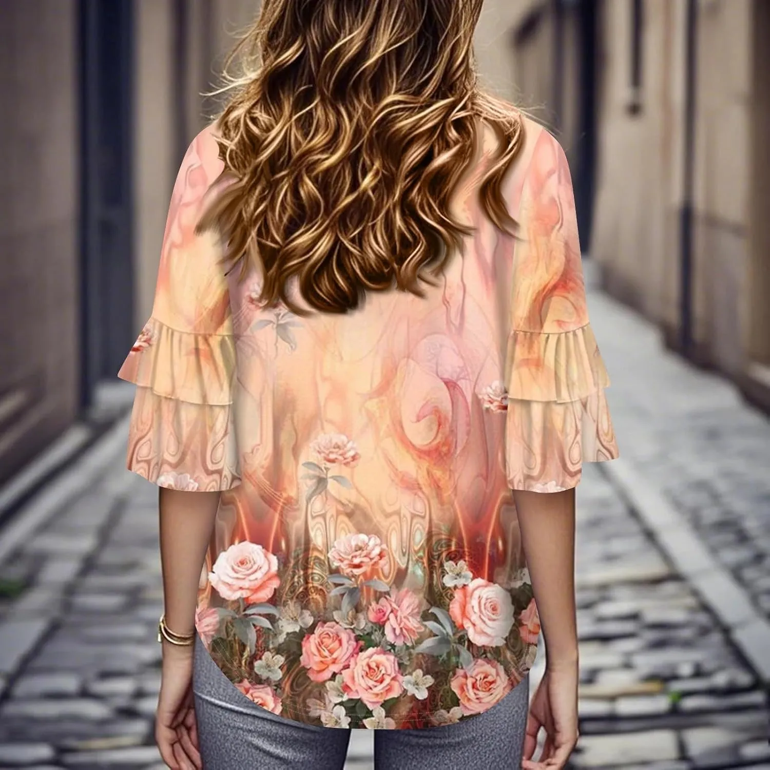 3/4 Sleeve V Neck Tops Women's Dressy Casual Blouses Ruffle Trumpet 3/4 Sleeve Chiffon Tunic Tops Business Shirts