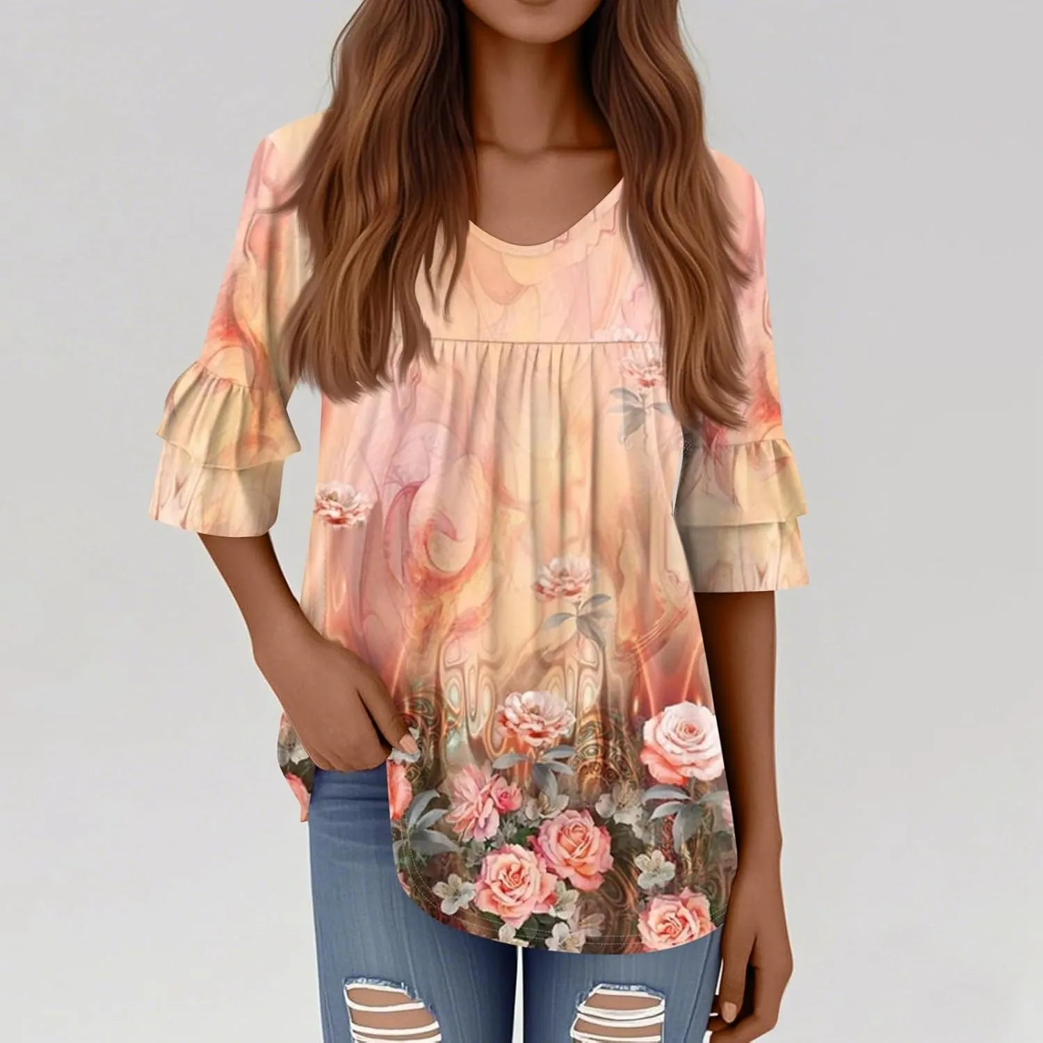 3/4 Sleeve V Neck Tops Women's Dressy Casual Blouses Ruffle Trumpet 3/4 Sleeve Chiffon Tunic Tops Business Shirts