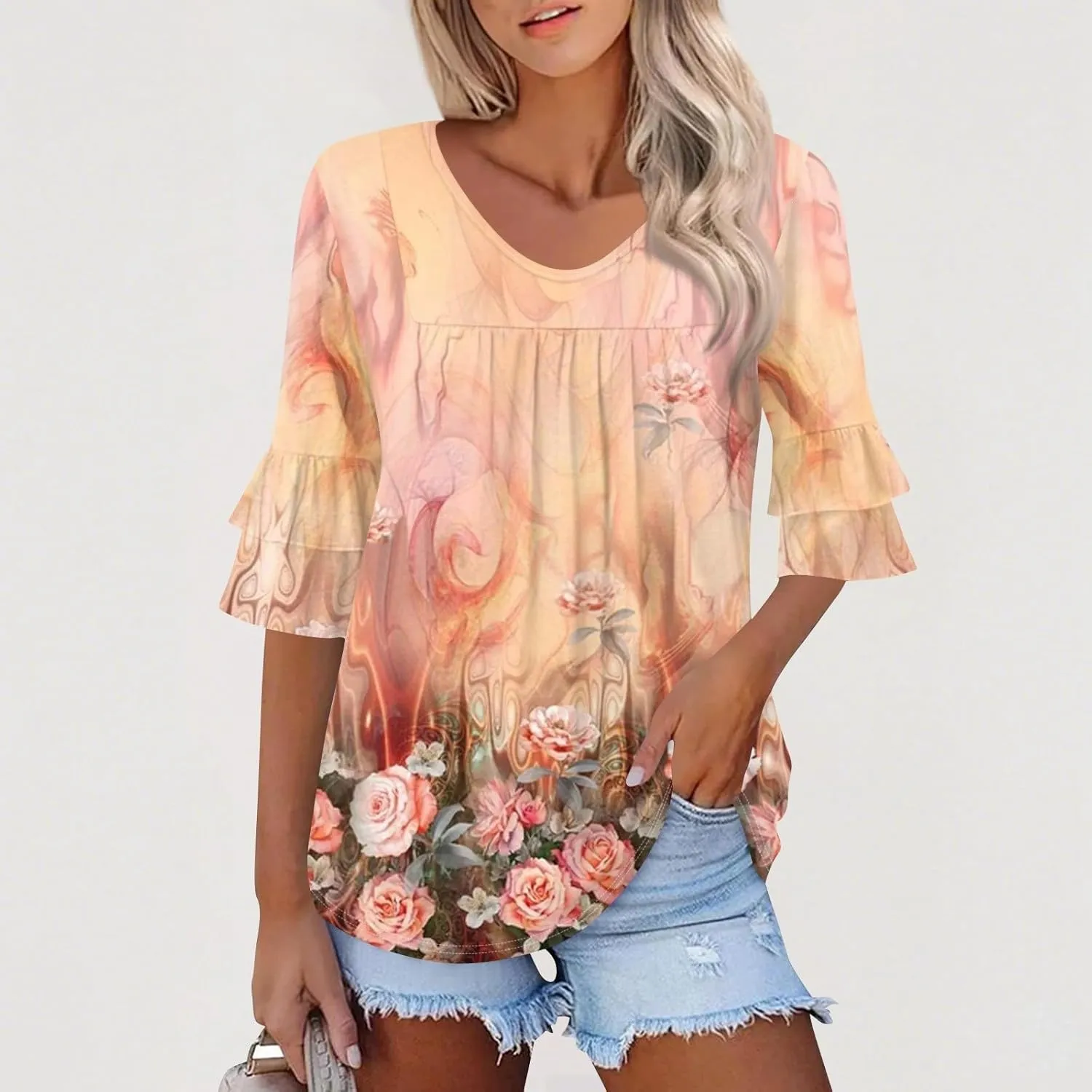 3/4 Sleeve V Neck Tops Women's Dressy Casual Blouses Ruffle Trumpet 3/4 Sleeve Chiffon Tunic Tops Business Shirts