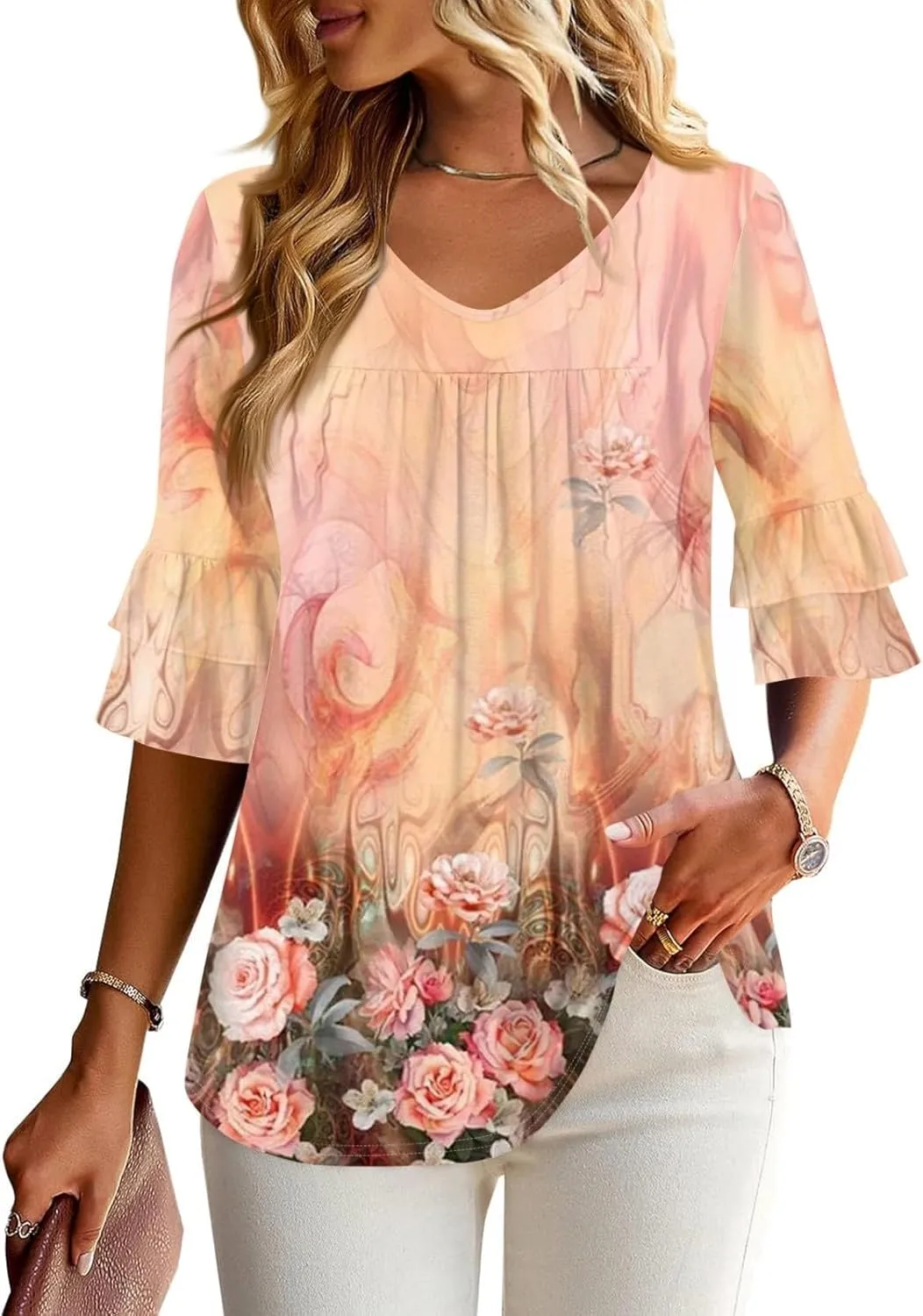 3/4 Sleeve V Neck Tops Women's Dressy Casual Blouses Ruffle Trumpet 3/4 Sleeve Chiffon Tunic Tops Business Shirts