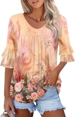 3/4 Sleeve V Neck Tops Women's Dressy Casual Blouses Ruffle Trumpet 3/4 Sleeve Chiffon Tunic Tops Business Shirts