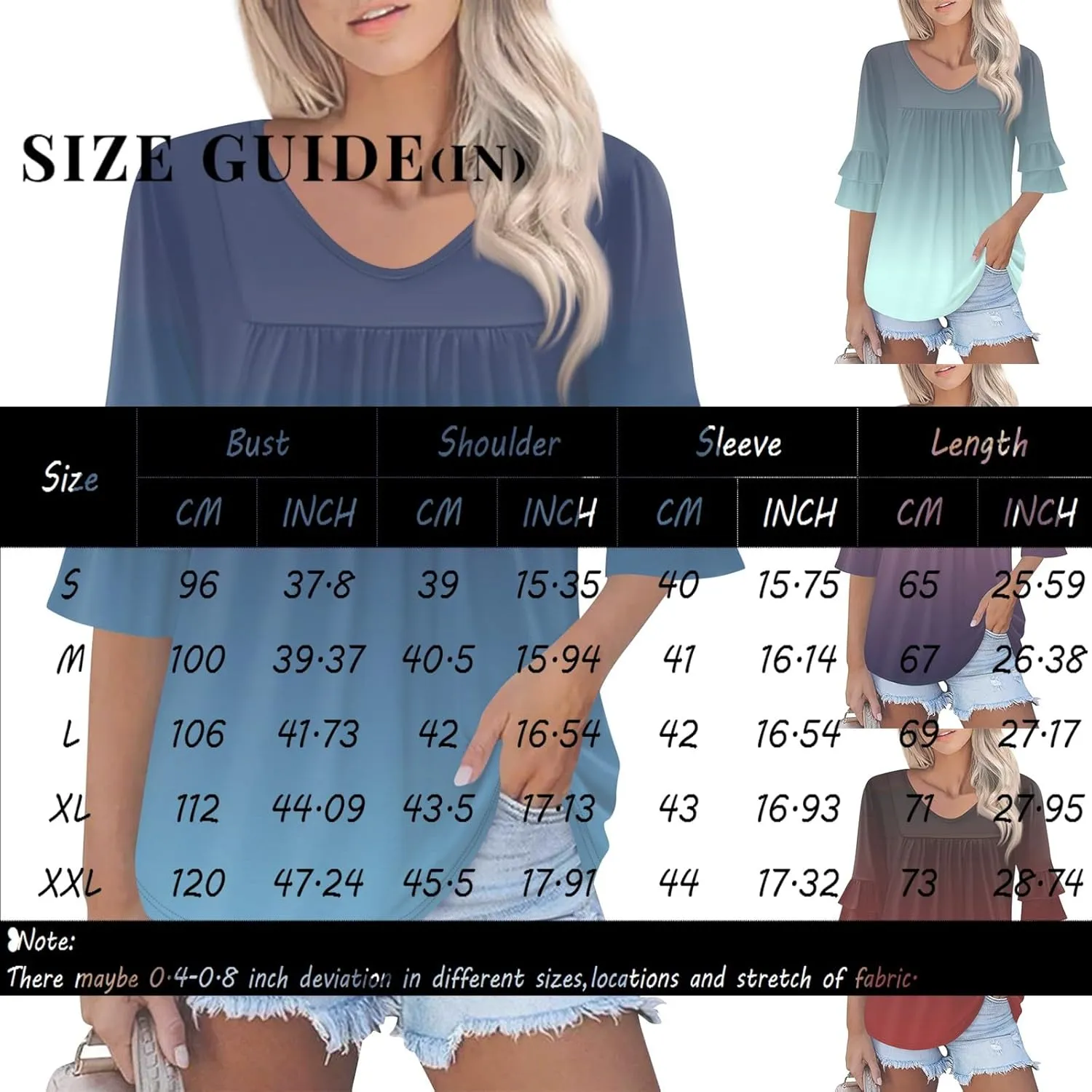 3/4 Sleeve V Neck Tops Women's Dressy Casual Blouses Ruffle Trumpet 3/4 Sleeve Chiffon Tunic Tops Business Shirts
