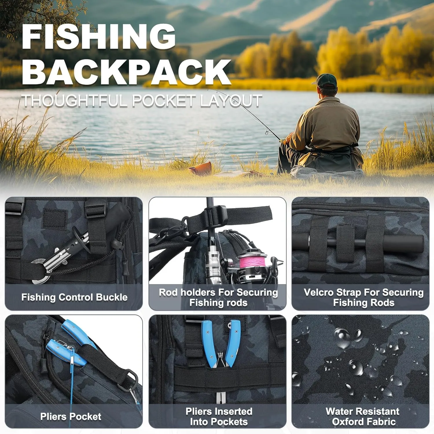 35L Fishing Backpack with Rod Holder, Oxford Convertible Tackle Sling Crossbody Bag with Multi Pocket for Men and Women (Blue)