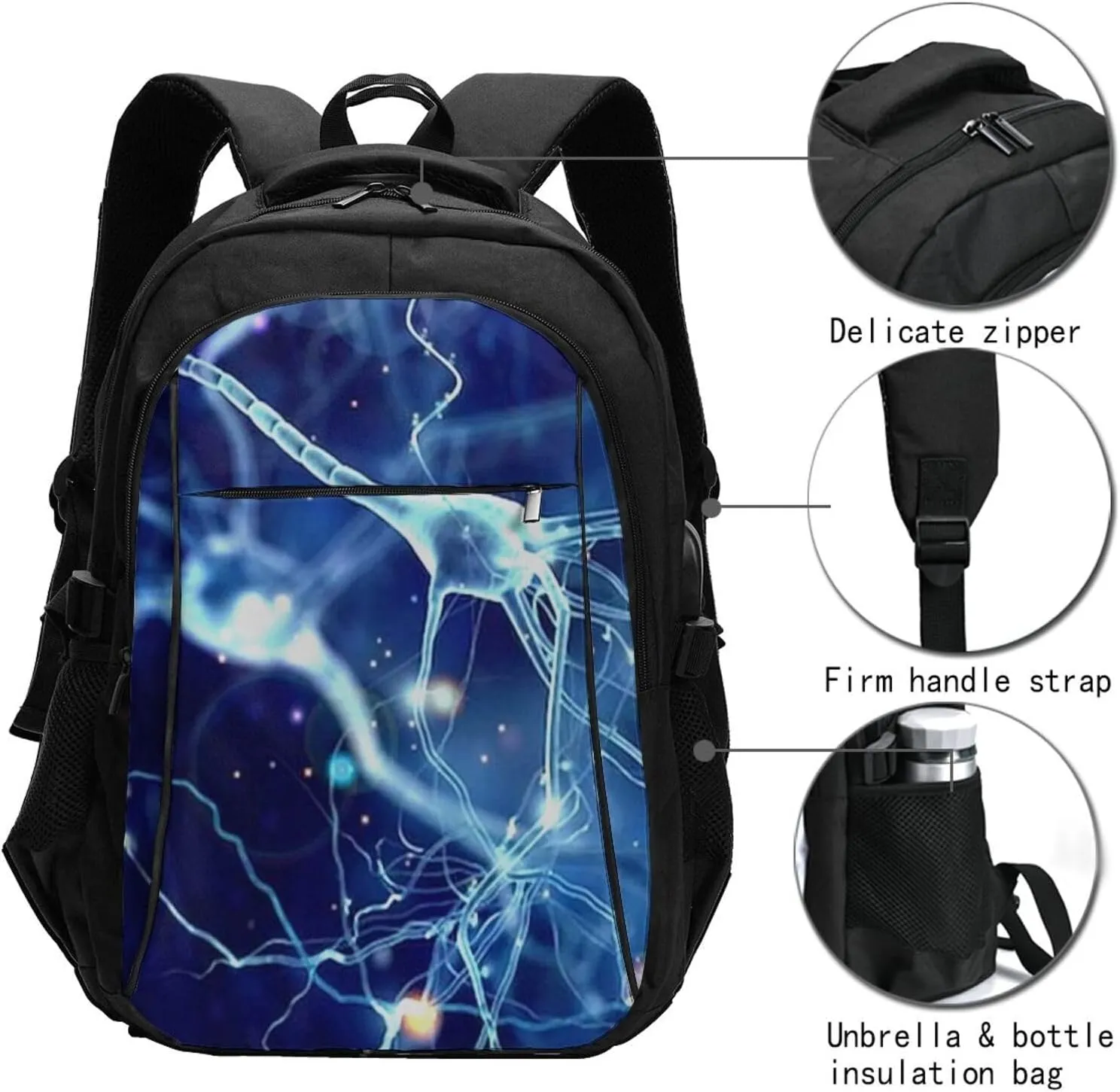 3d Brain Cell Neuron Neurology Backpack, 18 Inch Travel Business Laptop Backpack With Usb Port For Women Men