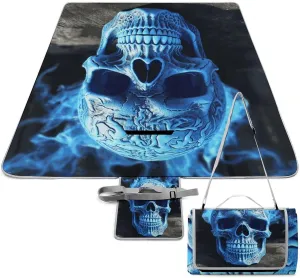 3D Print Blue Skull Picnic Blanket Outdoor, Oversized Beach Blanket, Foldable Lightweight Waterproof Sand Cushion Suitable for Beaches, Camping Grasslands Mat