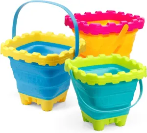 3L Jumbo Foldable Buckets, Castle Sand Beach Toy Silicon Pails For Kids Adults, Collasible Water Bucket Sandbox Kit Multi Use Summer Essential For Travel Cleaning, Camping, Picnic, Fishing 3 PCS