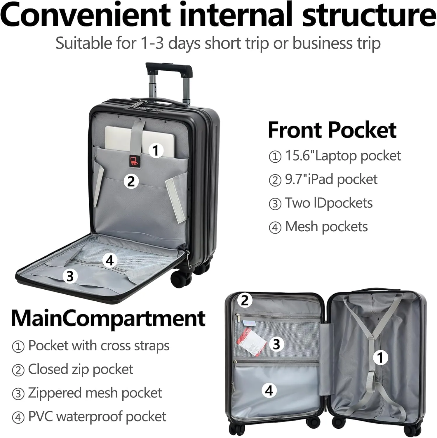 3Pcs (20/24/28) Luggage Set, HardShell Lightweight TSA Lock Only 20" with Front Pocket, 21.65*15.35*7.87" Fits Overhead Cabin, 24" (26*17.7*10.2") and 28" (19.68*11.81*29.92") Checked Luggage, Black