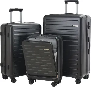 3Pcs (20/24/28) Luggage Set, HardShell Lightweight TSA Lock Only 20" with Front Pocket, 21.65*15.35*7.87" Fits Overhead Cabin, 24" (26*17.7*10.2") and 28" (19.68*11.81*29.92") Checked Luggage, Black