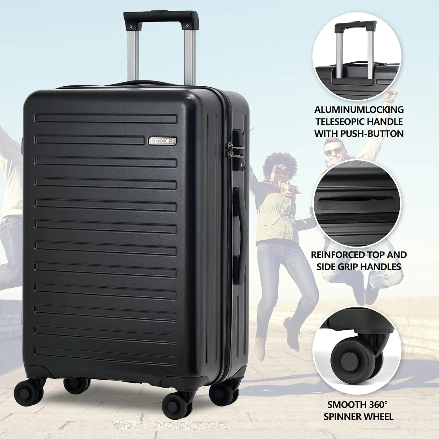 3Pcs (20/24/28) Luggage Set, HardShell Lightweight TSA Lock Only 20" with Front Pocket, 21.65*15.35*7.87" Fits Overhead Cabin, 24" (26*17.7*10.2") and 28" (19.68*11.81*29.92") Checked Luggage, Black