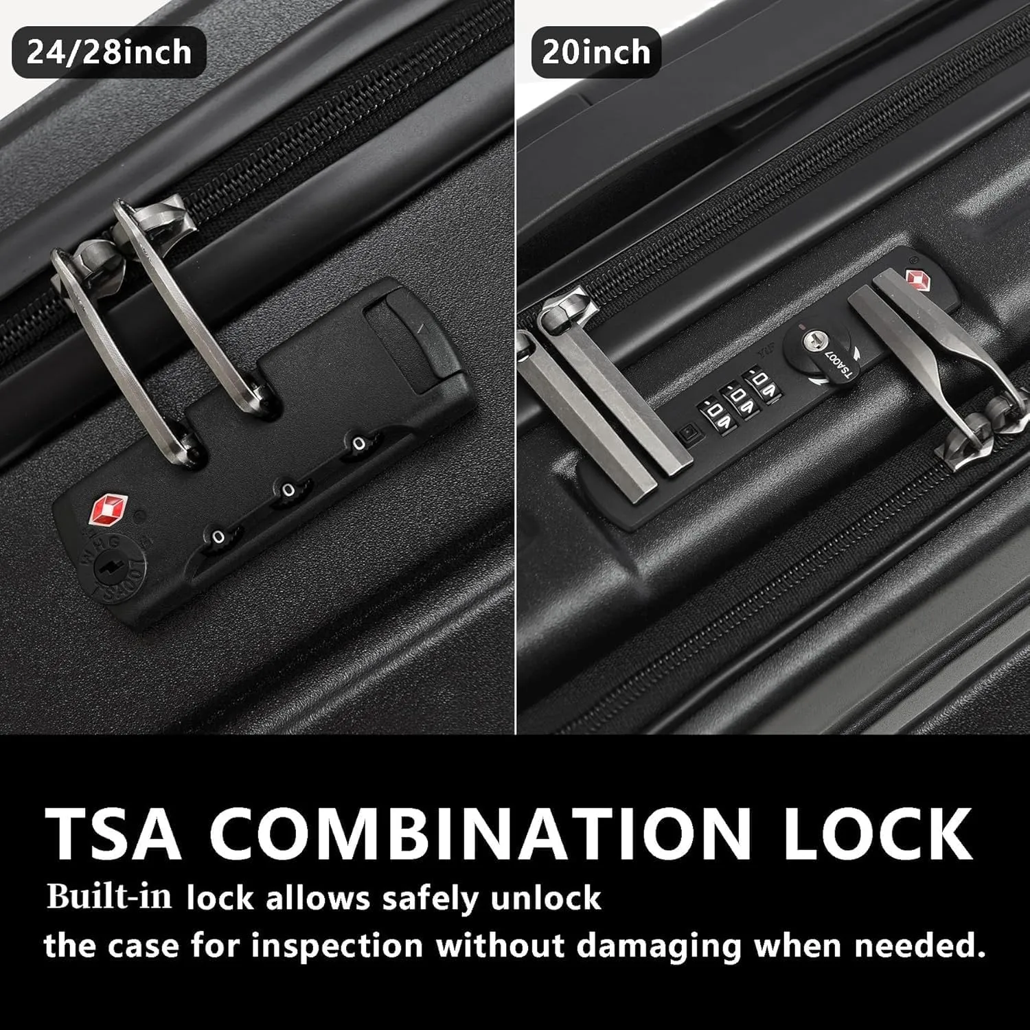 3Pcs (20/24/28) Luggage Set, HardShell Lightweight TSA Lock Only 20" with Front Pocket, 21.65*15.35*7.87" Fits Overhead Cabin, 24" (26*17.7*10.2") and 28" (19.68*11.81*29.92") Checked Luggage, Black